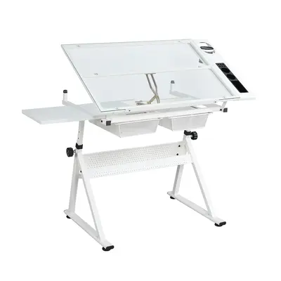 Garvee Drafting Table with Stool, Adjustable Height & Tilt, Steel Frame, Glass Top, Storage Drawers, White, for Home Office A...