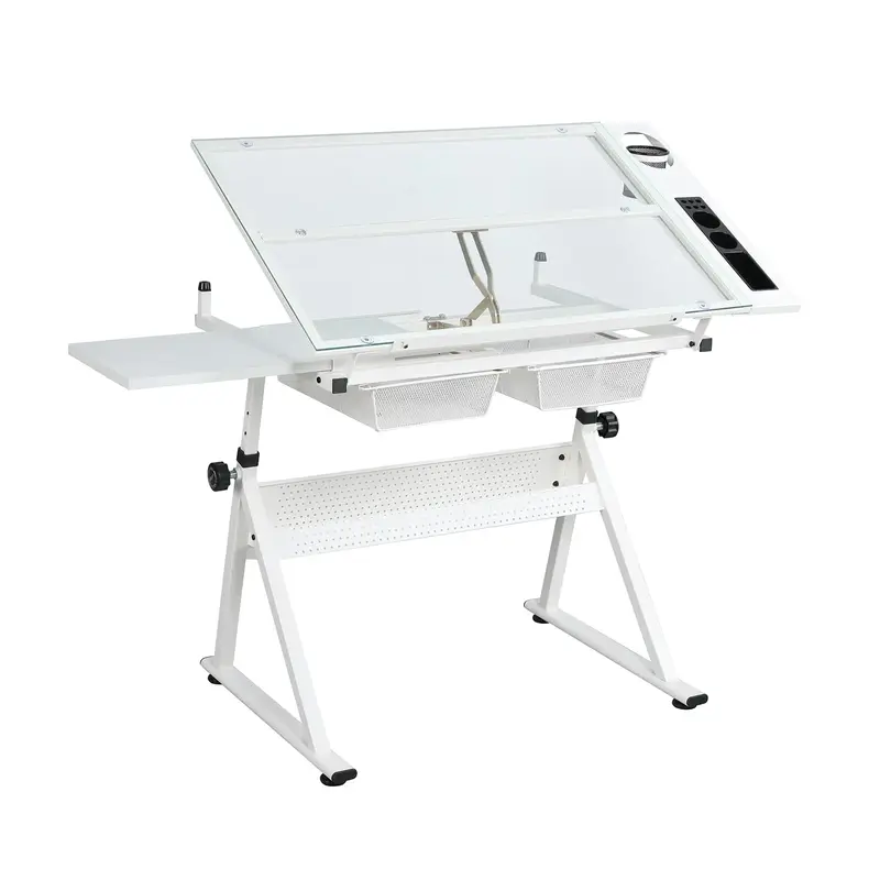 Garvee Drafting Table with Stool, Adjustable Height & Tilt, Steel Frame, Glass Top, Storage Drawers, White, for Home Office A...