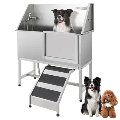 Garvee Pet Dog Bathing Station 60 Stainless Steel Grooming Tub with Adjustable Height & Stairs, Soap Box, Faucet for Large t...