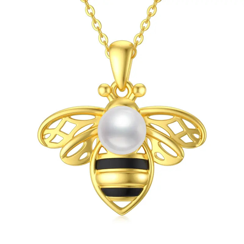 Sterling Silver Two-tone Round Pearl Bees Pendant Necklace