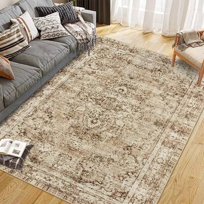 Garvee Washed Back Low Pile Area Rug 8x10ft Washable Non Slip Carpet Beige for Living Room Bedroom Hallway Kitchen Dining Roo...