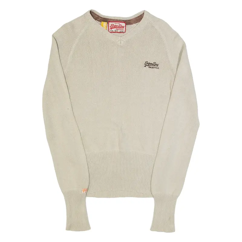 SUPERDRY Womens Jumper Beige V-Neck Tight Knit S