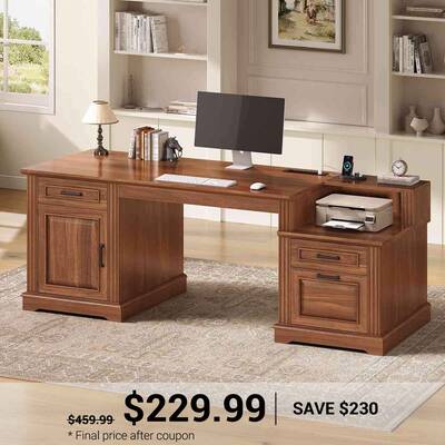 SEDETA 62 Inch Farmhouse Executive Desk Computer Desk with 3 Drawers Storage Cabinet Power Outlet Printer Stand for Home Offi...