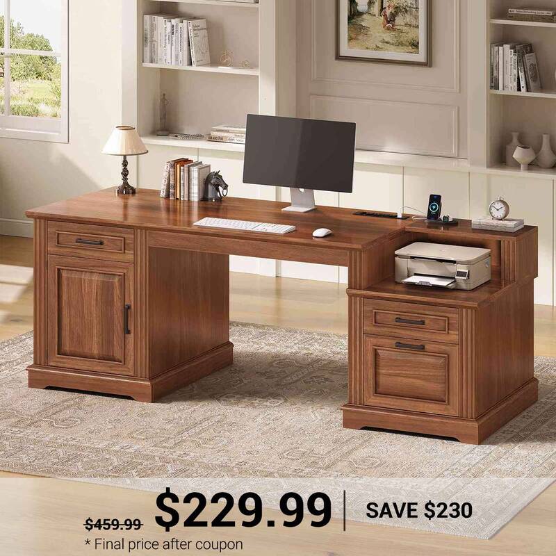 SEDETA 62 Inch Farmhouse Executive Desk Computer Desk with 3 Drawers Storage Cabinet Power Outlet Printer Stand for Home Offi...