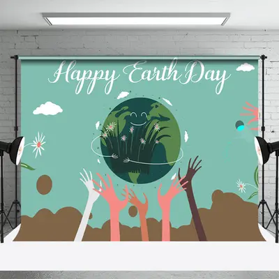 Greeny Kids Planting Happy Earth Day Party Backdrop - Aperturee