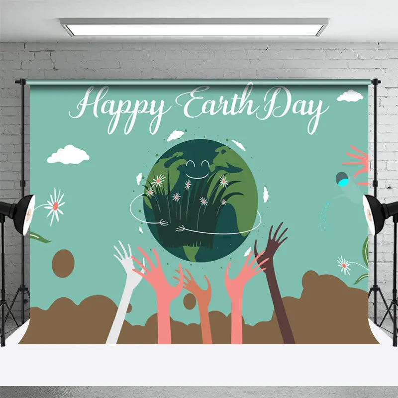 Greeny Kids Planting Happy Earth Day Party Backdrop - Aperturee