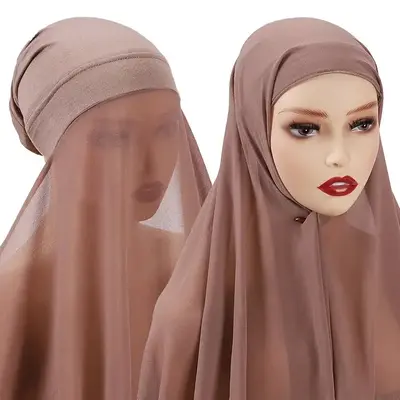 Muslim Women Bonnet + Chiffon Shawl Instant Under scarf Cap Islam Inner Scarf Headband Stretch Hijab Cover Headwrap Turbante