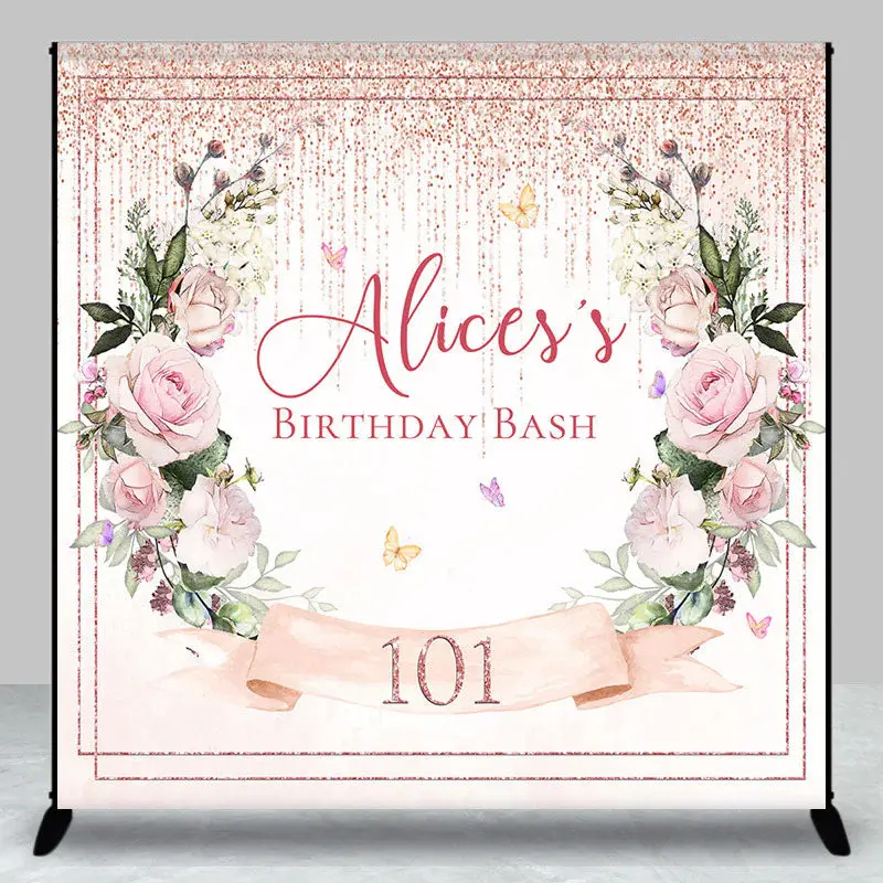 Personalized Pink Floral Leaves Birthday Backdrop - Aperturee