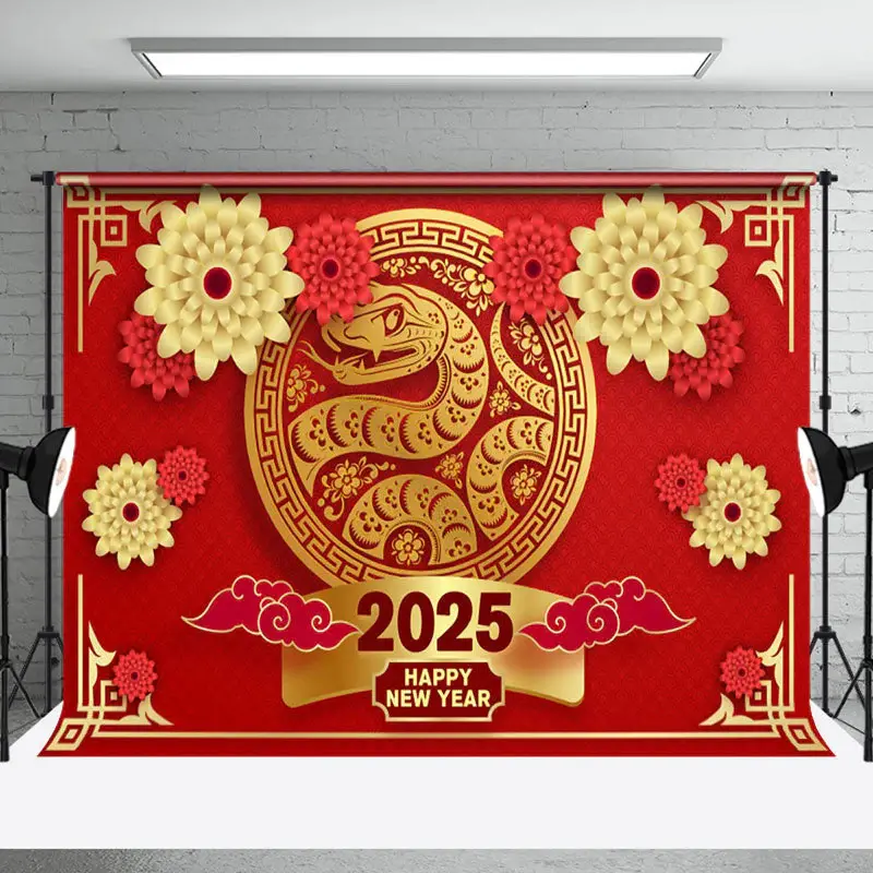 Aperturee Festive Snake Year 2025 Red And Gold New Year Backdrop - Aperturee