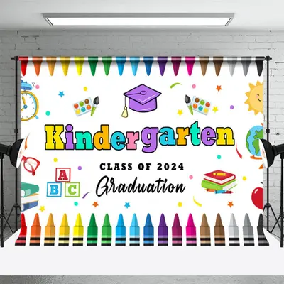 Kindergarten Colored Crayon Kids Graduation Backdrop - Aperturee