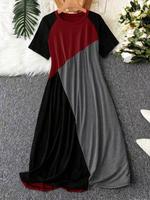【Plus Size】 Women's Colorblock Raglan Sleeve Lounge Dress, Casual Soft Comfortable Round Neck Short Sleeve Midi Dress for...