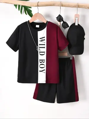 Boy's Letter Print Short Sleeve Tee & Shorts Set without Glasses and Hat, Casual Round Neck T-shirt & Elastic Waist Shorts, S...