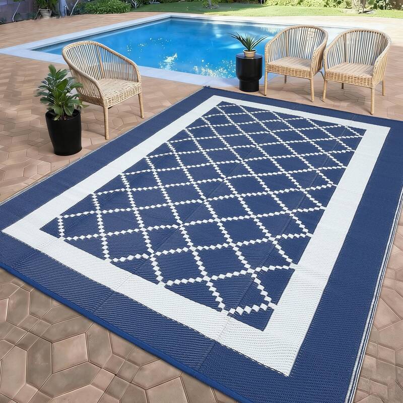 Garvee Waterproof Outdoor Rug 8x10 Reversible Plastic Straw Rug Modern Geometric Large Floor Carpet Lightweight Foldable Camp...