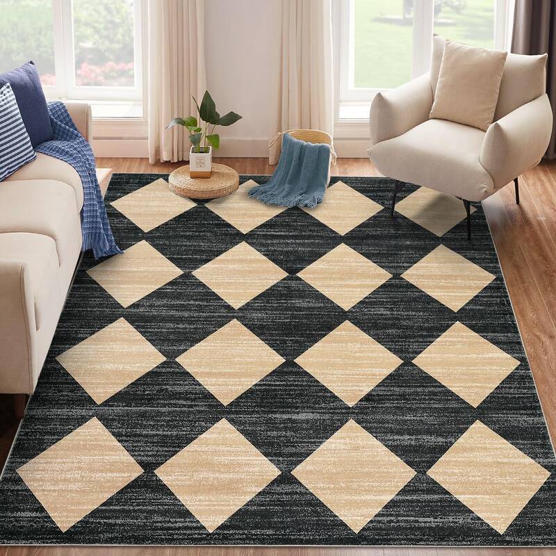 Garvee Plaid Black Beige 10x13 Large Modern Living Room Rug Geometric Diamond Design, Non-Slip & Washable, 100% Polyester, So...