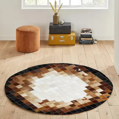 Brown, White and Black Cowhide Checkered Round Rug