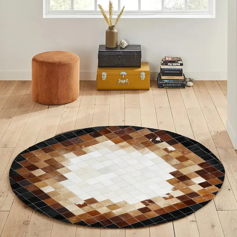 Brown, White and Black Cowhide Checkered Round Rug