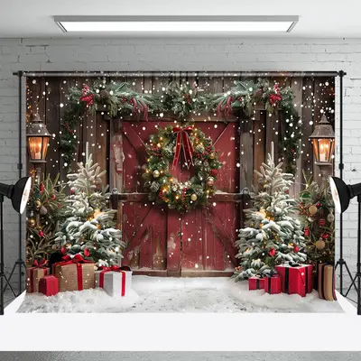 Snowy Trees Vintage Wooden Door Christmas Backdrop