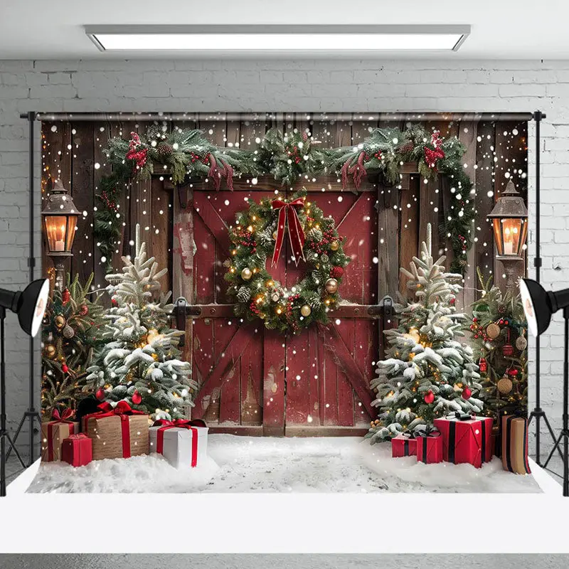 Snowy Trees Vintage Wooden Door Christmas Backdrop