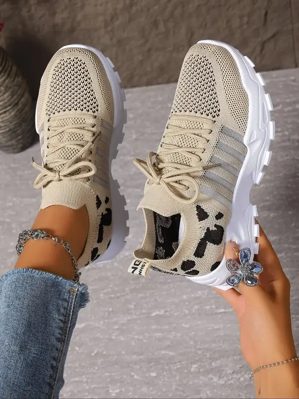 Women's Fashionable Leopard Print Lace Up Low Top Sneakers, Casual Breathable Comfortable Sports Running Shoes, All-match Bas...