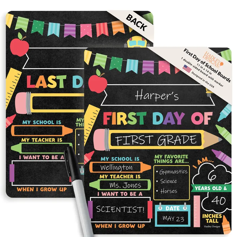 Hadley Designs First Day of School Boards 11x14 Inches Double-Sided Reversible Chalkboard Sign with Eraser & Marker for Presc...