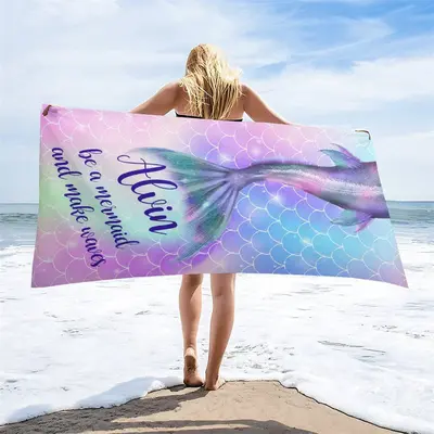 Mermaid Custom Name Purple Beach Towel for Girls - Aperturee