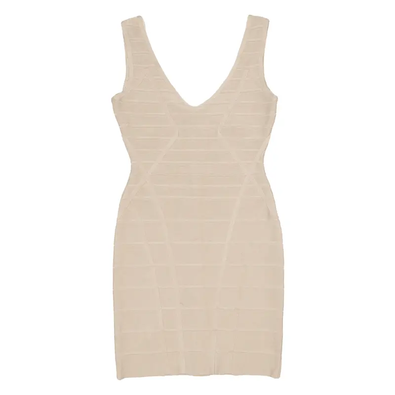 HERVE LEGER Bandage Bodycon Dress Beige Sleeveless Short Womens UK 4