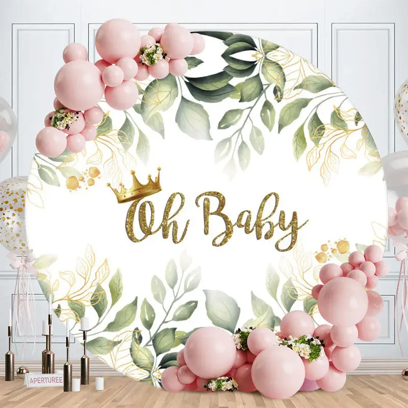 Aperturee Leaves Gold Glitter Oh Baby Circle Baby Shower Backdrop