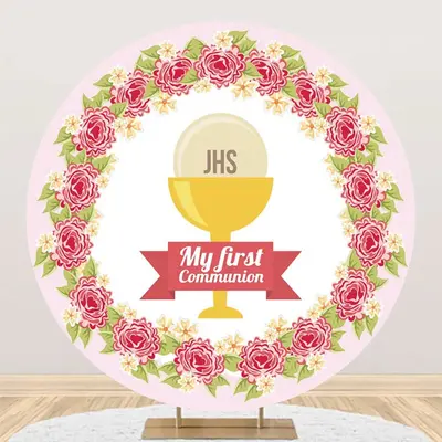 Pink Floral Leaf My First Communion Baptism Backdrop
