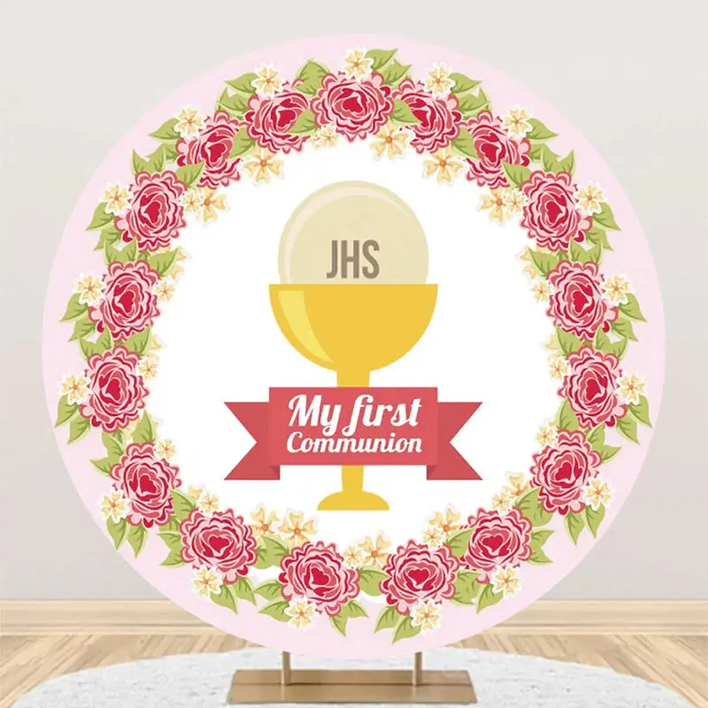 Pink Floral Leaf My First Communion Baptism Backdrop