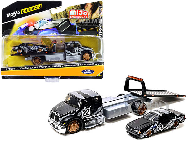 International DuraStar Flatbed Truck 22 and 1988 Ford Mustang LX 22 Matt Black with Gray Graphics \