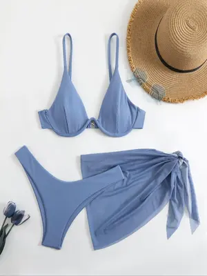 3 Counts Women's Solid Bikini Set, Sexy Textured Detachable Pad Swim Top & High Cut Swim Bottom & Wrap Knot Cover Up Skirt Sw...