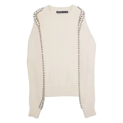 KAREN MILLEN Womens Jumper Cream Crew Neck Tight Knit Wool XS