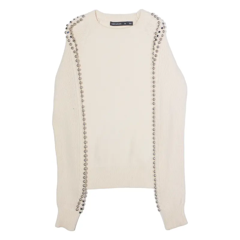 KAREN MILLEN Womens Jumper Cream Crew Neck Tight Knit Wool XS