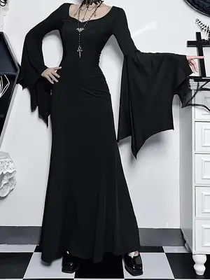 Gothic Bell Sleeve Maxi Dress - Bodycon Party Evening Gown Gothic Dress, Bell Sleeve Maxi, Bodycon Evening Gown