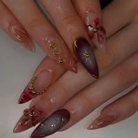 3D Flower Pattern Fake Nails with Nail File & Tape, 24pcs/set Long Almond False Nails for Women & Girls DIY Nail Art, Nail C...