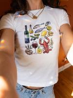 Women's Lobster & Wine & Lemon Print Round Neck Crop Tee, Casual Short Sleeve Crew Neck T-shirt for Daily Wear, Ladies Clothe...