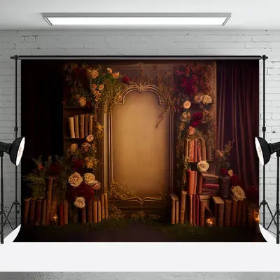 Medieval Retro Floral Book Stone Gate Dark Backdrop - Aperturee