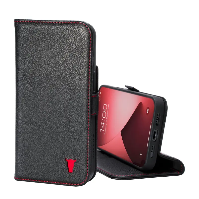 Apple iPhone 14 Pro Leather Wallet Case (with Stand function) - Black with Red Detail