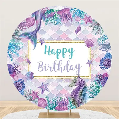 Aperturee Circle Purple Blue Mermaid Happy Birthday Backdrop | Backdrop For Birthday Party | Diy Birthday Backdrop | Birthday...