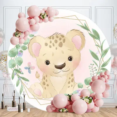 Aperturee Khaki Leopard Green Leaves Round Baby Shower Backdrop