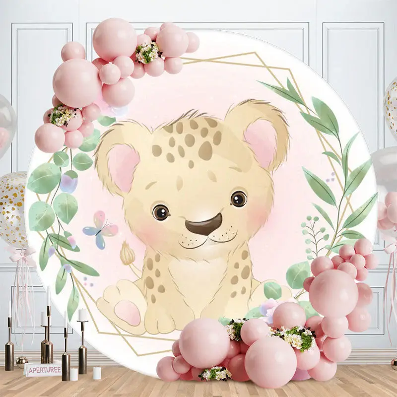Aperturee Khaki Leopard Green Leaves Round Baby Shower Backdrop