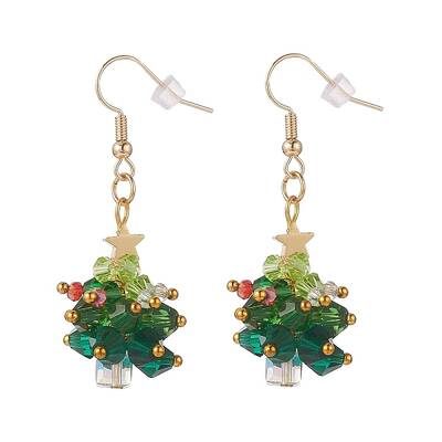 Glass Braided Beaded Christmas Tree Dangle Earrings