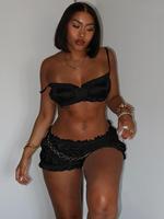 Women's Solid Frill Trim Crop Cami Top & Ruched Shorts Two-piece Set, Adjustable Strap Lingerie Top & Shorts Satin Set, Women...