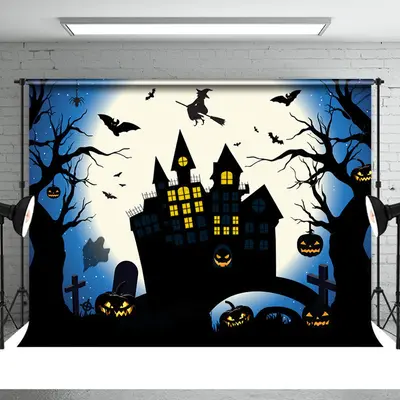 Bright Moon Night Black Halloween Castle Theme Backdrop - Aperturee