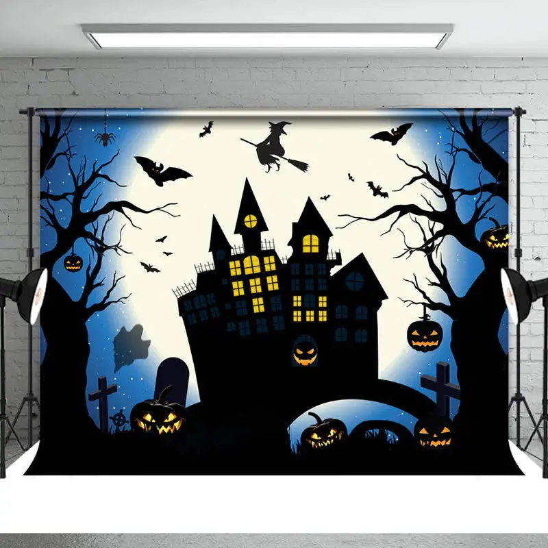 Bright Moon Night Black Halloween Castle Theme Backdrop - Aperturee
