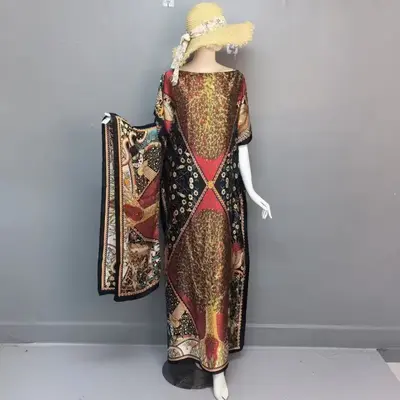 Women's Fashion Print Long Robe Set, Moomoo Dress + Scarf Headband, Casual Woven Fabric, Thin All-Season Wear, Beach Sun Prot...