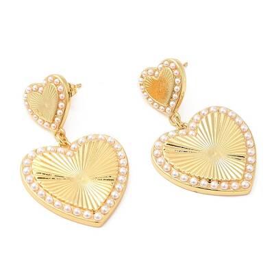 Brass Heart Dangle Stud Earrings with Plastic Pearl Beaded