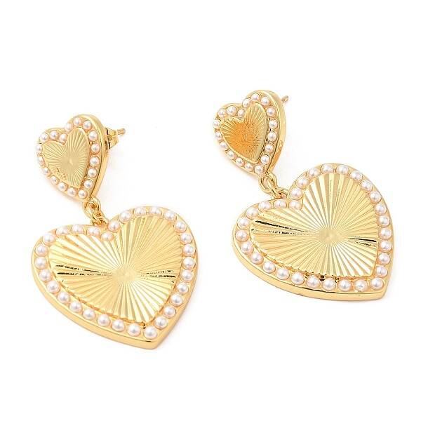 Brass Heart Dangle Stud Earrings with Plastic Pearl Beaded