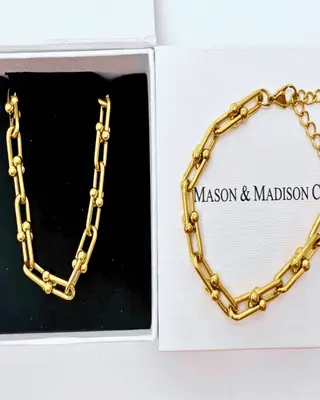 18K Gold Link Chain Necklace Bracelet Bundle Set