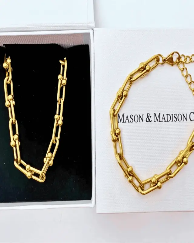 18K Gold Link Chain Necklace Bracelet Bundle Set